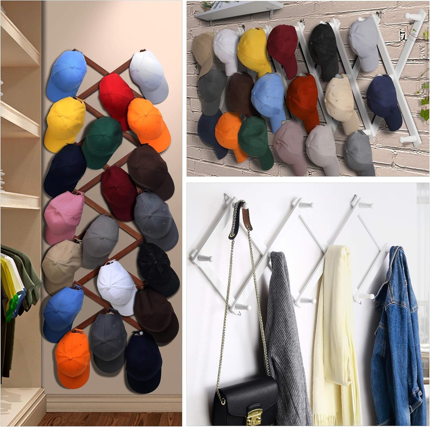 Dseap Accordian Wall Hanger: Wooden Coat Rack Wall Mounted, Hat Racks for Baseball Caps, Mug Rack, 16 Peg Hooks, Black & White