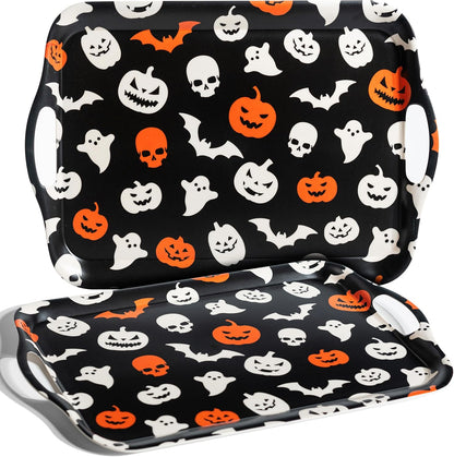 Oasis Choice 2-Pack Halloween Bamboo Fiber Serving Trays - 18x13 Inch Large Platters w/Handles for Horror Party, Birthday,BBQ, Buffet - Pumpkin, Bat & Skeleton Decor (Spooky Black, 18inch)