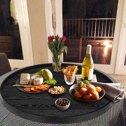 24 inch Round Solid Wood Serving Tray Extra Large Tea Coffee Snack Food Meals Serving Plate Non-Slip Kitchen Party Bar Server Ottoman Tray Breakfast Tray with Raised Edges Black