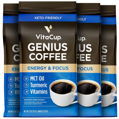 VitaCup Genius Ground Keto Coffee w/Turmeric, MCT Oil, B Vitamins, D3, Ground Coffee Medium Dark Roast, Bold & Smooth, 100% Arabica Coffee Grounds, 4 bags, 11oz each