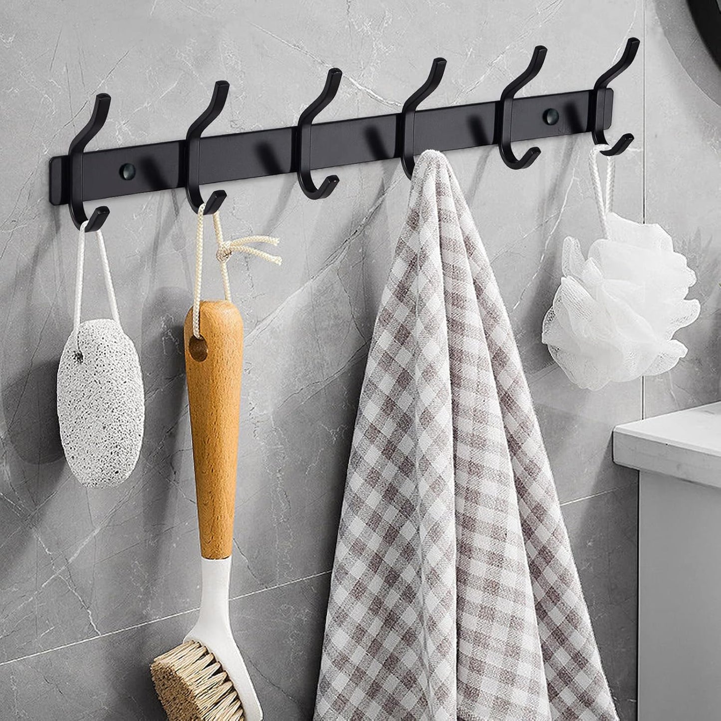 Wall Hooks Heavy Duty, 17 Inch Coat Rack Wall Mount with 6 Hooks, Black Wall Hooks for Hanging Backpack, Bag, Purse, Clothes, Hat, Coat, Towel | Entryway & Bathroom Storage Organization Hanger
