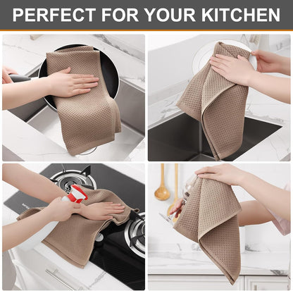 Kitinjoy 100% Cotton Waffle Weave Kitchen Towels, 4-Pack Super Soft and Absorbent Dish Towels for Drying Dishes, Kitchen Hand Towels, 13 in x 28 in, Tan