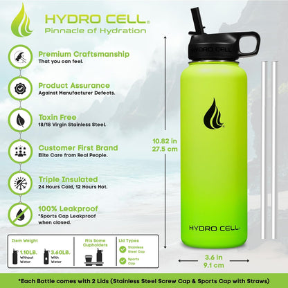 HYDRO CELL Stainless Steel Insulated Water Bottle with Straw - For Cold & Hot Drinks - Metal Vacuum Flask with Screw Cap and Modern Leakproof Sport Thermos for Adults (Neon 40oz)