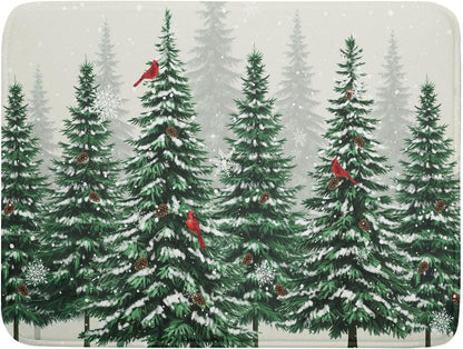 Winter Green Pine Tree Dish Drying Mat for Kitchen Counter,Red Bird Snowflake Drying Mat 18 x 24 Inch with High Absorbent Microfiber Drainer Mat for Coffee Bar