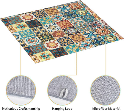 Traditional Multicolor Ornate Dish Drying Mat, Highly Absorbent Microfiber Kitchen Counter Pad Reusable Washable, 16*18"