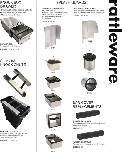 Rattleware Knock Box Holder For Home, Cafe, Restaurant, Hotel, Office, or Commercial Establishment - Heavy Duty Knock Box Holder Trusted By Baristas Worldwide - Stainless Steel (6" x 5.5" x 4")
