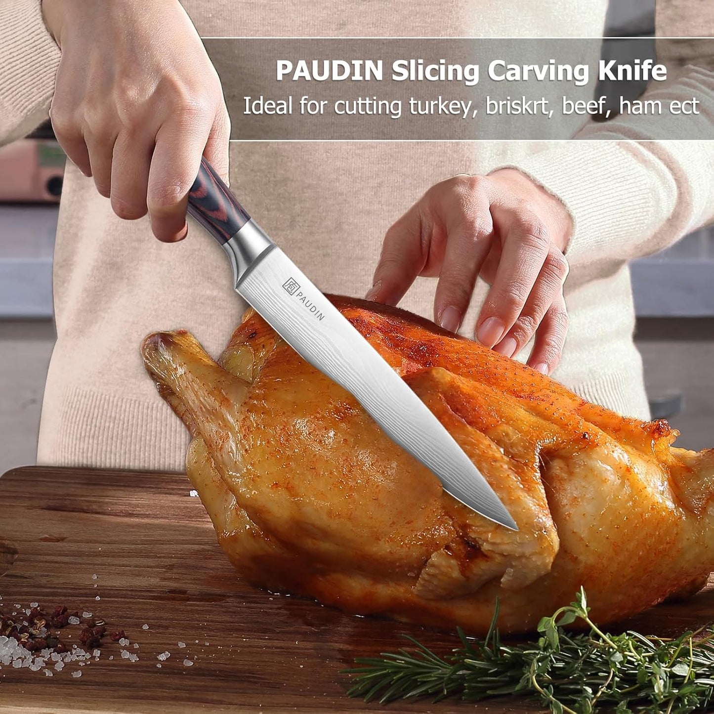 PAUDIN Carving Knife 8 inch, Ultra Sharp Brisket Slicing Knives, Premium Meat Cutting Knives German Stainless Steel, BBQ Knife with Ergonomic Handle, for Slicing Roast, Meats and Vegetables