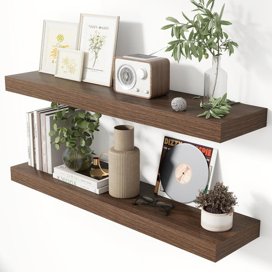 Heimlove 36 Inch Floating Shelves for Wall 8 Inch Deep Walnut Shelves Set of 2,Wall Mounted Rustic Wood Long Floating Shelf with Invisible Brackets for Bedroom Kitchen Living Room