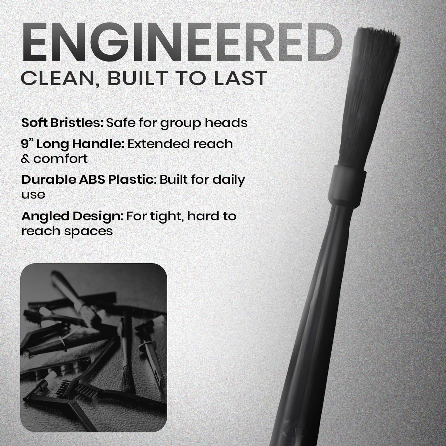 Rattleware 9" Black Espresso Machine Grinder Brush, Long Durable Handle Coffee Grinder Cleaning Brush - Ideal for Home, Cafe, Restaurant, or Hotel - Trusted by Baristas
