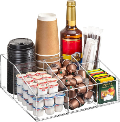 BEYGORM Acrylic Coffee Bar Station Organizer for Countertop,Office Breakroom Clear Snack Tea Storage Accessories Holder for Kcup Pod Condiment Cup Sugar Creamer Syrup, Coffee Gift for Coffee Lovers