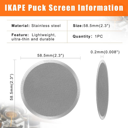 IKAPE 58.5mm Espresso Puck Screen, 0.2mm Thickness, Reusable Metal Ultra-thin & Ultra-light Coffee Filters, Food-grade 316 Stainless Steel Coffee Puck Screen for Espresso Baristas