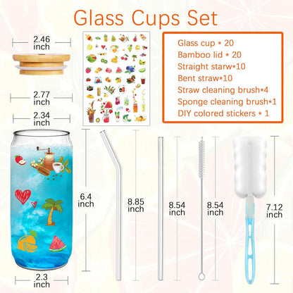 Glass Cups with Lids and Straws 20 Pcs 16 oz Ice Coffee Cup Skinny and Long Can Beer Cups Set Drinking Glasses with Bamboo Lids Reusable Glass Cups Ideal for Smoothies & Beverages