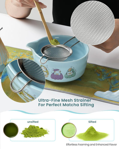 Matcha Whisk Set, Ceramic Matcha Set Includes Matcha Bowl, Matcha Whisk and Holder, Bamboo Scoop, Scoop Rest, Sifter and Tea Towel - 7 Pcs Matcha Kit(Blue)