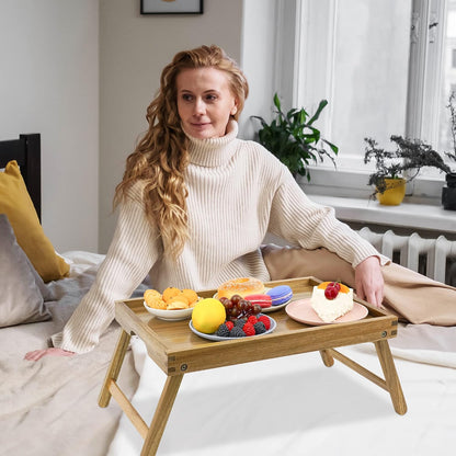 VaeFae Acacia Bed Table Tray, Wooden Breakfast Tray with Folding Legs, Bed Tray for Eating and Laptop, Eating Trays for Bedroom