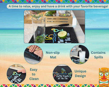 Gettin Freaky at The Tiki Sign with Flying Parrot, Palm Tree and Cocktail Tiki Bar Mats for Countertop 18 x 12in, Coffee Station Mat and Coffee Bar Mat, Aloha, Hawaiian and Luau Party Decorations