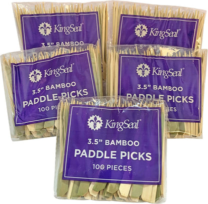 500 Count | KingSeal Natural Green Bamboo Wood Paddle Picks, Skewers for Appetizers and Cocktails, 3.5 Inches, Bulk Pack - 5 Packs of 100