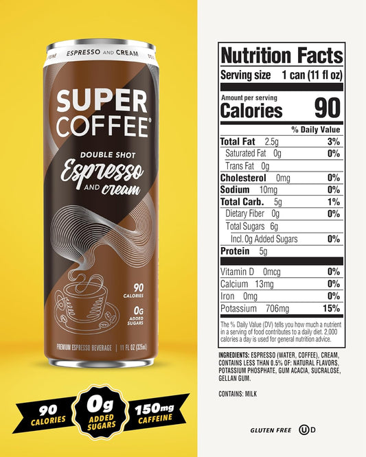 SUPER COFFEE Espresso, Iced Keto Coffee (0g Added Sugar, 90 Calories) [Espresso & Cream] 11 Fl Oz, 12 Pack | Iced Smart Coffee - SoyFree GlutenFree