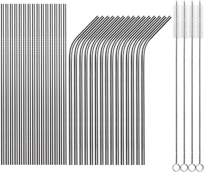 Tomorotec Reusable Straws 30 Pack, Stainless Steel Drinking Straws, Metal Straw Bulks for Smoothies Tumblers Cocktail MilkShake,Set of 15 Straight and 15 Bent with 2 Cleaning Brushes, Silver