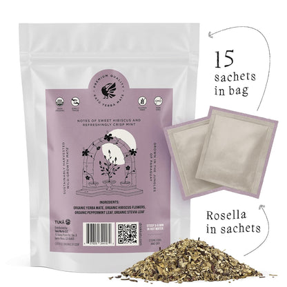 Katú Rosella Teabags, Premium Organic Yerba Mate Tea with Hibiscus, Peppermint, and Stevia Leaves, Vibrant Floral Twist, Natural Energy, 15 Satchets