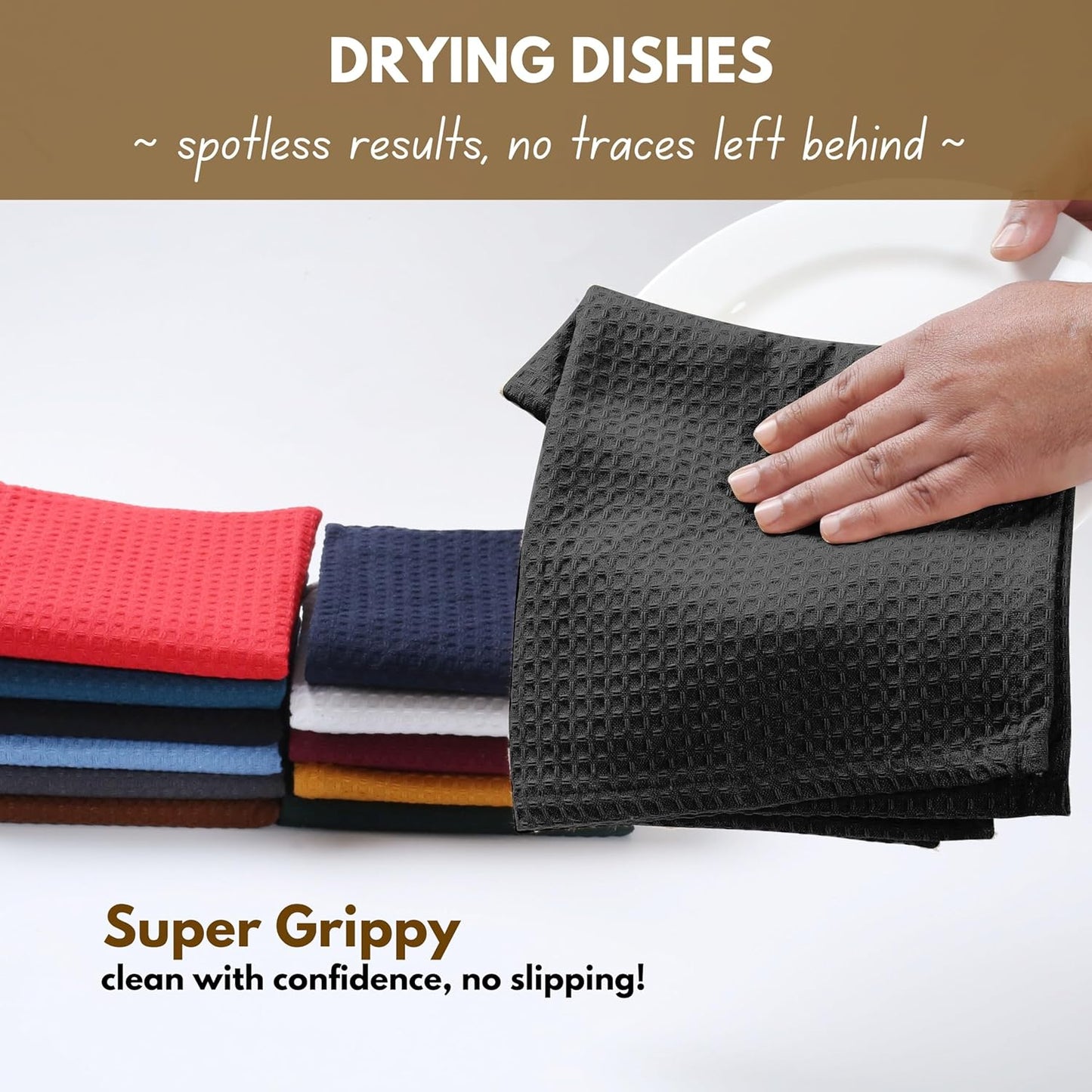 Native Fab 6 Pack Waffle Dish Cloths - 12x12 inches, 100% Cotton, Soft, Absorbent & Quick Drying Towels for Cleaning, Cooking & Baking - Great for Home, Restaurants, Bars, Multipurpose Use - Black