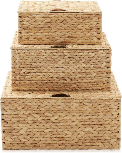 Casafield Set of 3 Water Hyacinth Rectangular Storage Baskets with Lids (Natural - Small/Medium/Large) for Bedroom, Bathroom, Laundry, Home Office