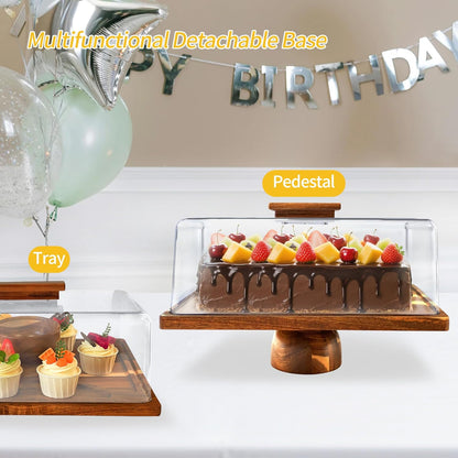 Wood-Rectangular-Cake-Stand with Acrylic Dome Lid, Wooden Cake Holder Plate with Cover, 2-in-1 Dessert Table Display Set for Party, Charcuterie Board for Cheese, Chips & Dips, Nachos, Fruit Platter