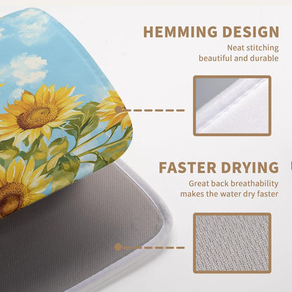 Summer Sunflower Dish Drying Mat for Kitchen Counter Watercolor Rustic Sunflowers Kitchen Dishes Dryer Pad Absorbent Matt Microfiber Washable Foldable Reusable Large 18x24 in