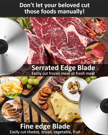Meat Slicer, 200W Electric Deli Food Slicer with 2 Removable 7.5'' Stainless Steel Blades and Tray, Adjustable Thickness for home use,Child Lock Protection,Easy to Clean,Cuts Meat, Bread and Cheese