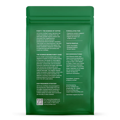 Purity Coffee EASE Dark Roast Ground Coffee for Low Acidity - USDA Organic and Third-Party Tested for Antioxidants, Mold, Mycotoxins and Pesticides - 12oz (Purity Ease, dark_roast) | Ground| EASE