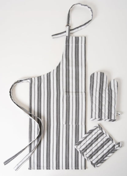 1 Oven Mitt, 1 PotHolder & 1 Kitchen Apron Set - Durable Heat Resistant Gloves - Thick Mittens for Kitchen - Suitable for Cooking, Baking, Grilling – Men & Women – Dark Grey Stripes - Casa De Lan