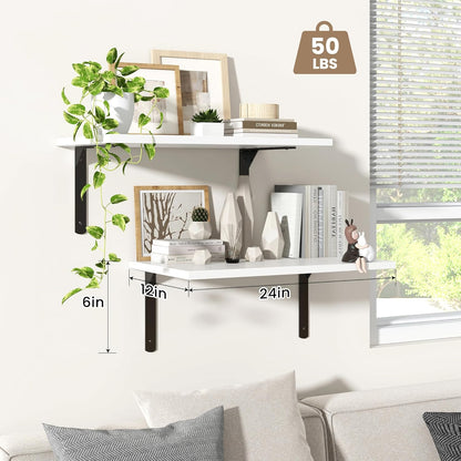 Fun Memories Floating Shelves for Wall, 12 Inch Deep Floating Shelves Set of 2, Wall Mounted Shelf with Metal Brackets, Rustic Wood Wide Shelf for Bathroom, Kitchen and Living Room, White, 24W x 12D