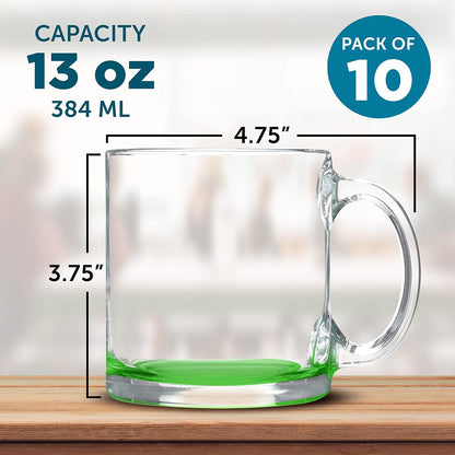 Libbey Clear Glass Coffee Mugs 13 oz. Set of 10, Bulk Pack - Perfect for Coffee, Tea, Espresso, Hot Cocoa, Other Beverages - Green Bottom