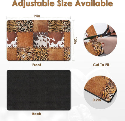 Arttown Coffee Mat for Countertops, Cow Tiger Leopard Patchwork Tribal Art Dish Drying Mat 2 Pcs for Kitchen Bar Accessories, Coffee Maker Espresso Machine Dish Rack Hide Stain Rubber 12x19in