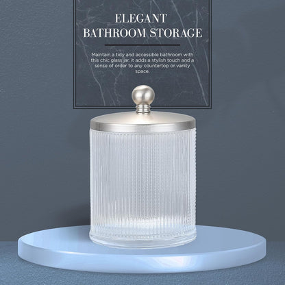 Glass Jar with Metal Lid for Bathroom Organization, Clear Apothecary Jar for Cotton Balls, Q Tips, and Small Accessories, Stylish Bathroom Storage Container Nickel, Clear