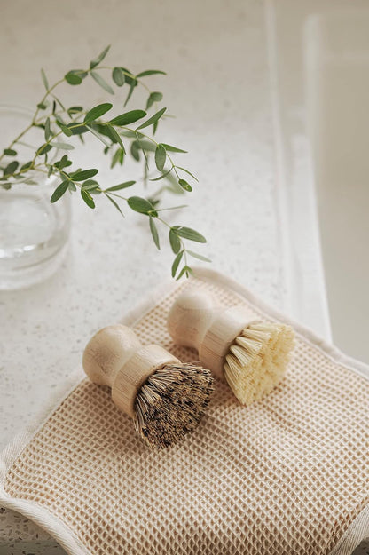 Jungle Culture Kitchen Dish Scrubber Set of 2 • Bamboo Dish Brush for Washing Pots, Pans, Dishes & Plates • Natural Bristle Wooden Brushes for Washing Up • Zero Waste Firm & Soft Eco Scrub Brush