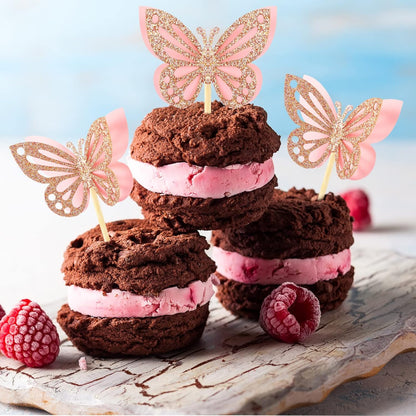 Chinco 48 Pcs Butterfly Cupcake Toppers Assembled Double Layer Cupcake Topper 3D Glitter Cake Topper Butterfly Cocktail Pick Decoration for Baby Shower Birthday Wedding(Pink,Classic Style)