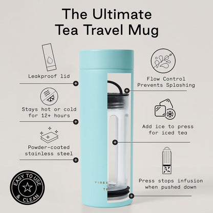 Firebelly Tea, Travel Tea Infuser Mug with Strainer, Insulated Tumbler for Loose Leaf Tea or Coffee, Leakproof Bottle for Hot or Iced Drinks, Stainless Steel Thermos with Lid, Mer