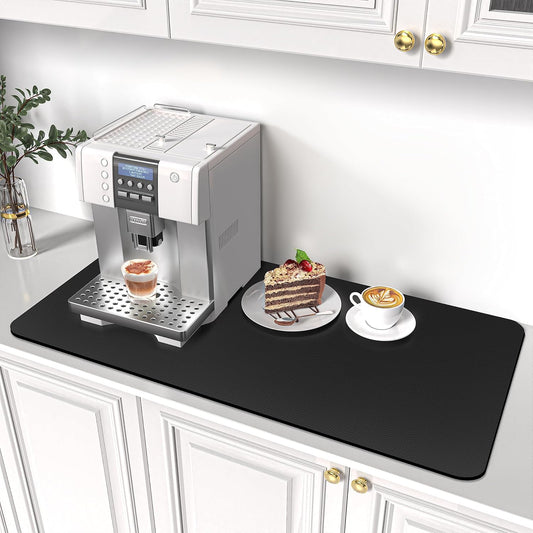 PoYang 31.5"x17" Coffee Mat X-Large, Coffee Bar Accessories for Countertop, Absorbent Dish Drying Mat, Anti-Slip and Hide Stain Pad for Espresso Machine, Espresso Maker and Kitchen Counter, Black