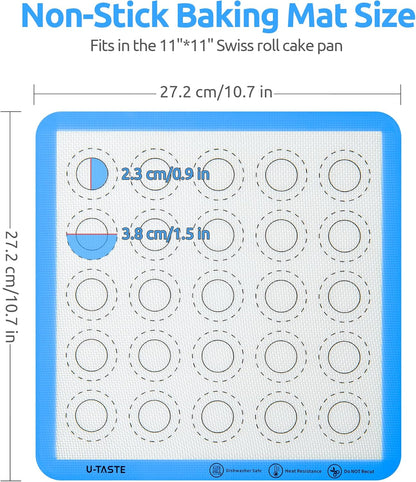 446ºF Heat Resistant Macaron Mat: U-Taste 11x11in Non Stick Silicone Baking Mat, Reusable Cookies Pastry Sheet Liner with Edge Enhancement & Circle Measurement for Square Cake Pan (2 PCS, Light Blue)