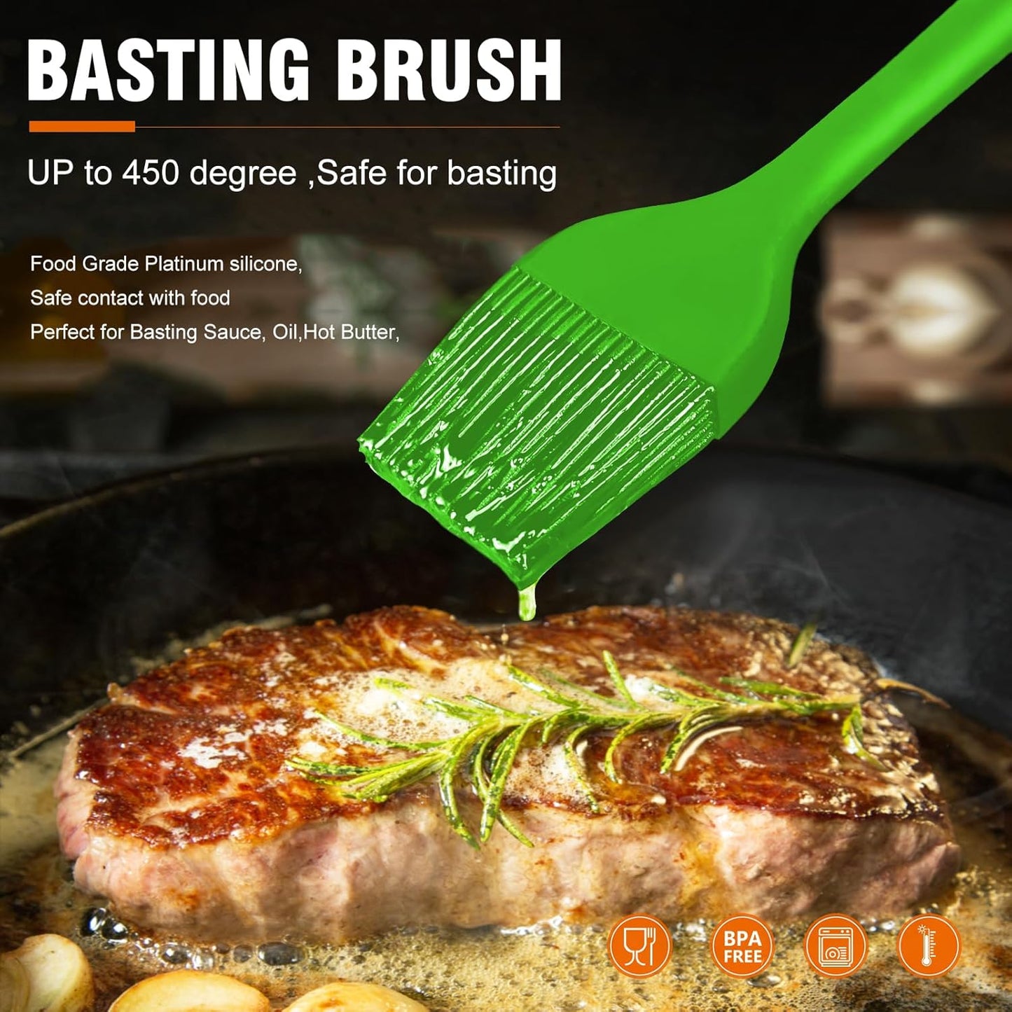Walfos Silicone Basting Pastry Brush, Heat Resistant Pastry Brush Set, Strong Steel Core and One-Pieces Design, Perfect for BBQ Grill Baking Kitchen Cooking,BPA Free and Dishwasher Safe,2Pcs (green)