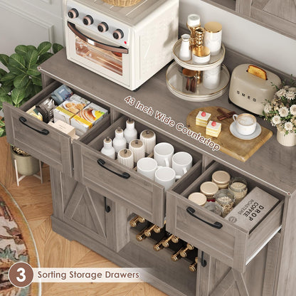 HIFIT 72" Kitchen Pantry Hutch Cabinet with Storage, Farmhouse Wood Coffee Bar with Wine Rack and Microwave Stand, Tall Storage Cabinet with Barn Doors and Shelves for Dining Living Room, Ash Grey