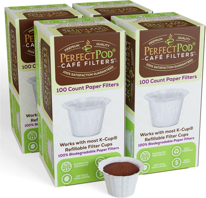 Cafe Filters Paper Liners for Reusable K Cup Coffee Pods by Perfect Pod - Fits All Brands, Compatible With All Refillable Capsules - Disposable Paper Filters (400-Ct)