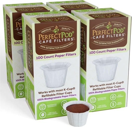 Cafe Filters Paper Liners for Reusable K Cup Coffee Pods by Perfect Pod - Fits All Brands, Compatible With All Refillable Capsules - Disposable Paper Filters (400-Ct)