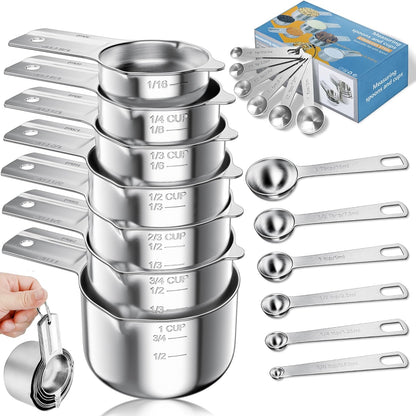Vakoo 13-Piece Stainless Steel Measuring Cups and Spoons Set - Stackable & Nesting, U.S./Metric Dual Markings, Dishwasher Safe, Kitchen Gadgets for Baking & Cooking