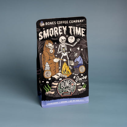 Bones Coffee Company S'morey Time, S'mores and Graham Crackers Flavored Coffee, Medium Roast Low Acid Arabica Beans Compatible with Auto drip and French Press Coffee Maker, 12 Oz Ground