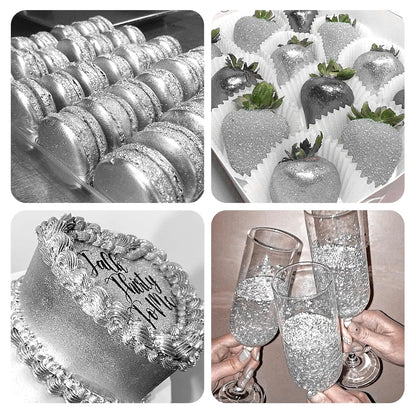 Silver Edible Glitter Spray - 10g Edible Silver Glitter for Cakes Food Grade Metallic Shimmer Powder Cake Sprinkles for Cookie Decorating Chocolate Strawberry