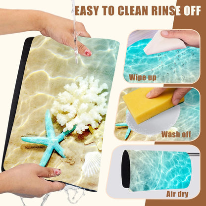 Starfish and Seashell Beach Dish Drying Mat for Kitchen Counter - Hide Stain Rubber Backed Absorbent Mat - Fits Under Coffee Maker, Espresso Machine - 15.7 x 23.6 Inch