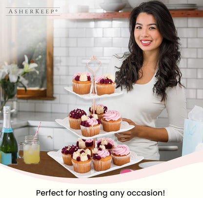 3 Tier Cupcake Stand - Dessert Table Display Set, Tiered Serving Cake Tray, White Embossed Dessert Stand, Parties Serving Plate, Decorative Centerpiece to Any Occasion - (Square)