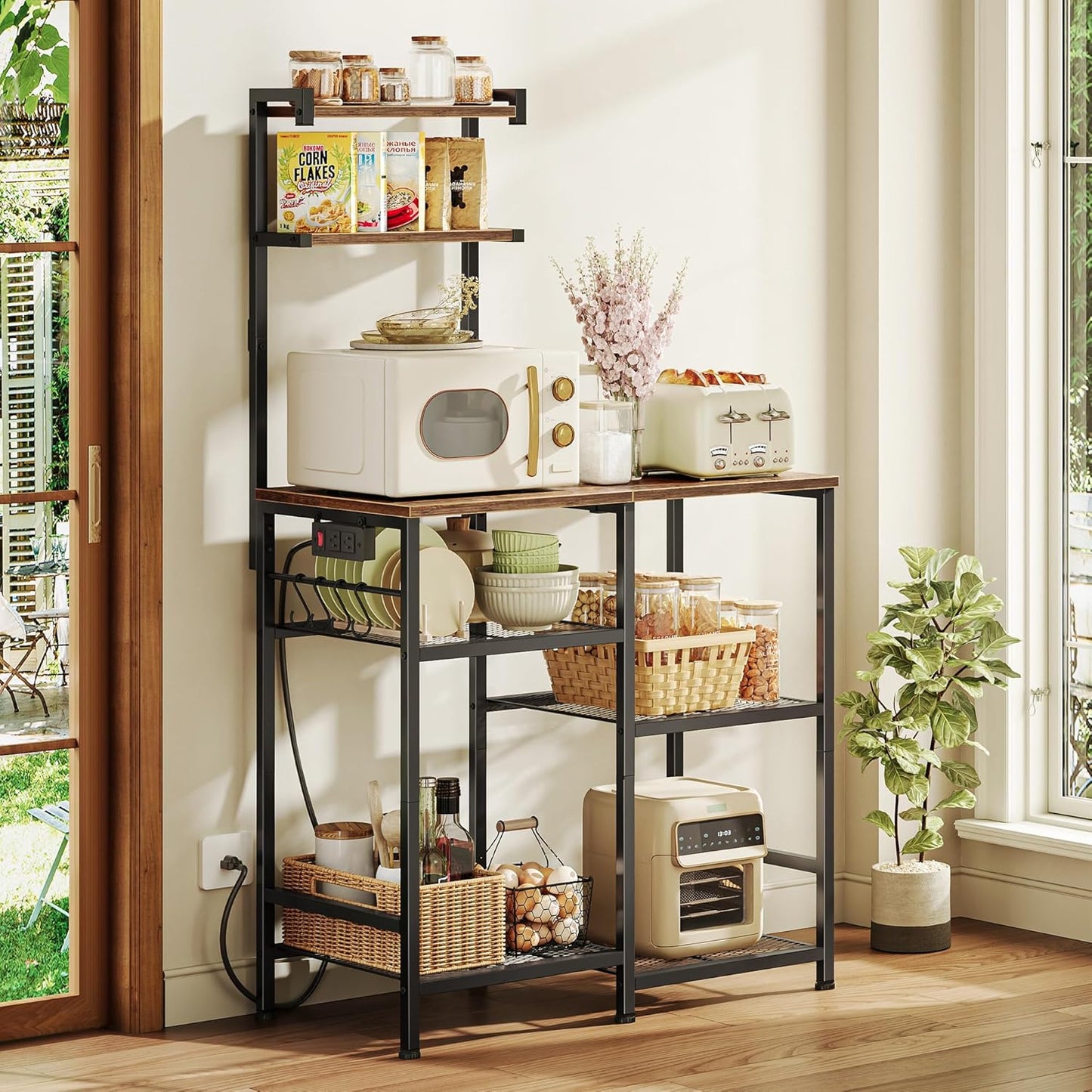 Huuger 31.5 Inch Bakers Rack with Power Outlets, Kitchen Microwave Stand with Storage, Coffee Bar with 4 Hooks, 3-Level Height Open Shelves, Rustic Brown