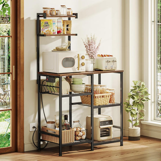 Huuger 31.5 Inch Bakers Rack with Power Outlets, Kitchen Microwave Stand with Storage, Coffee Bar with 4 Hooks, 3-Level Height Open Shelves, Rustic Brown